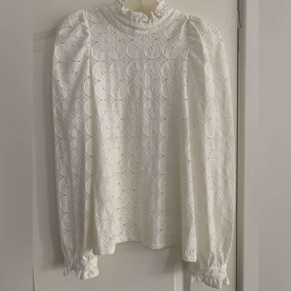 French creamy white lace high-neck blouse
